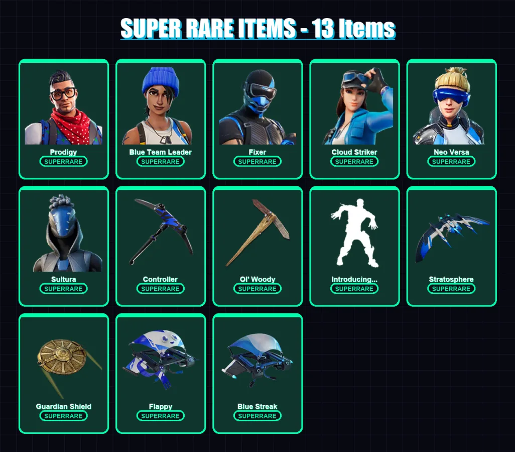 [PS4/PS5/XBOX/PC] | Prodigy | Blue Team Leader | Fixer | Cloud Striker | Neo Versa | 33 skin | 50 pickaxe | 62 emote | 55 glider | Lv1019