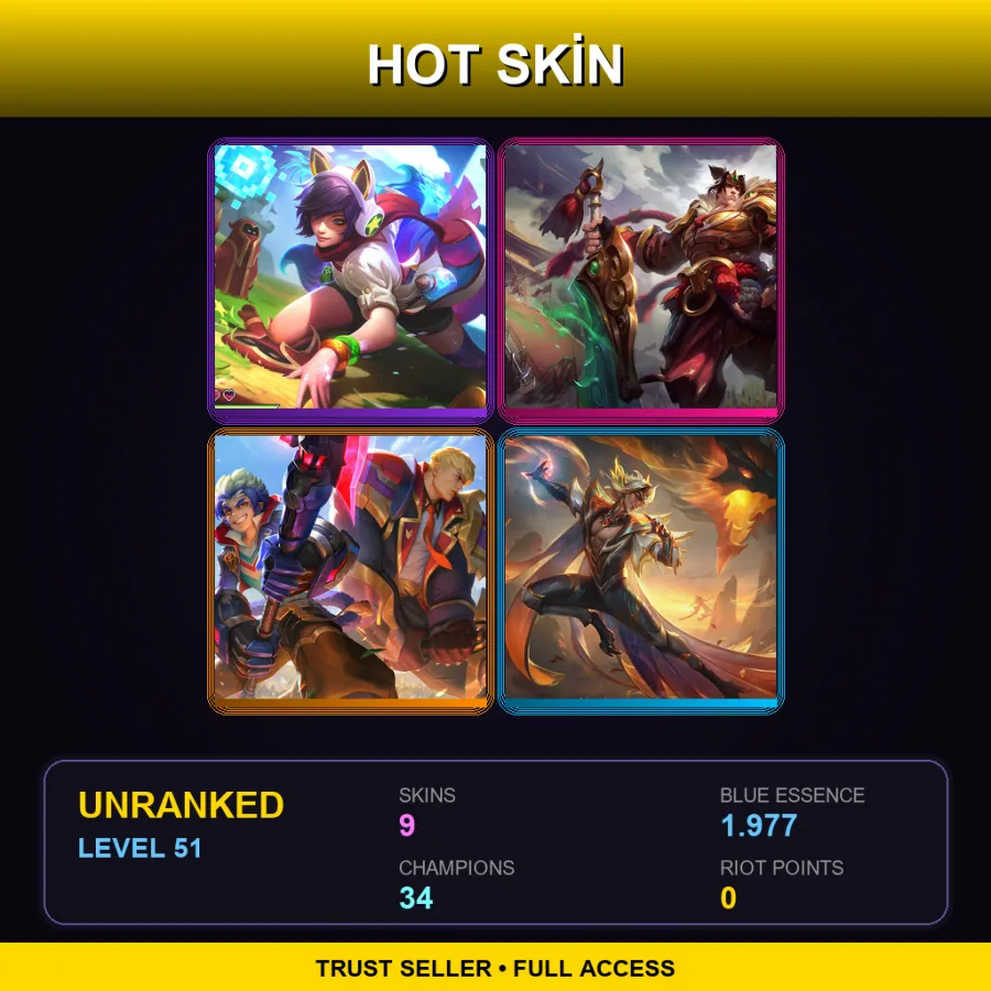EUW | Lv51 | Unranked | 9 Skin | 34 Champ — LoL account