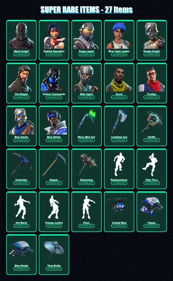 [PC] | Black Knight | Sparkle Specialist | Rogue Agent | Blue Team Leader | Royale Knight | 191 skin | 214 pickaxe | 188 emote | 198 glider | Lv3685