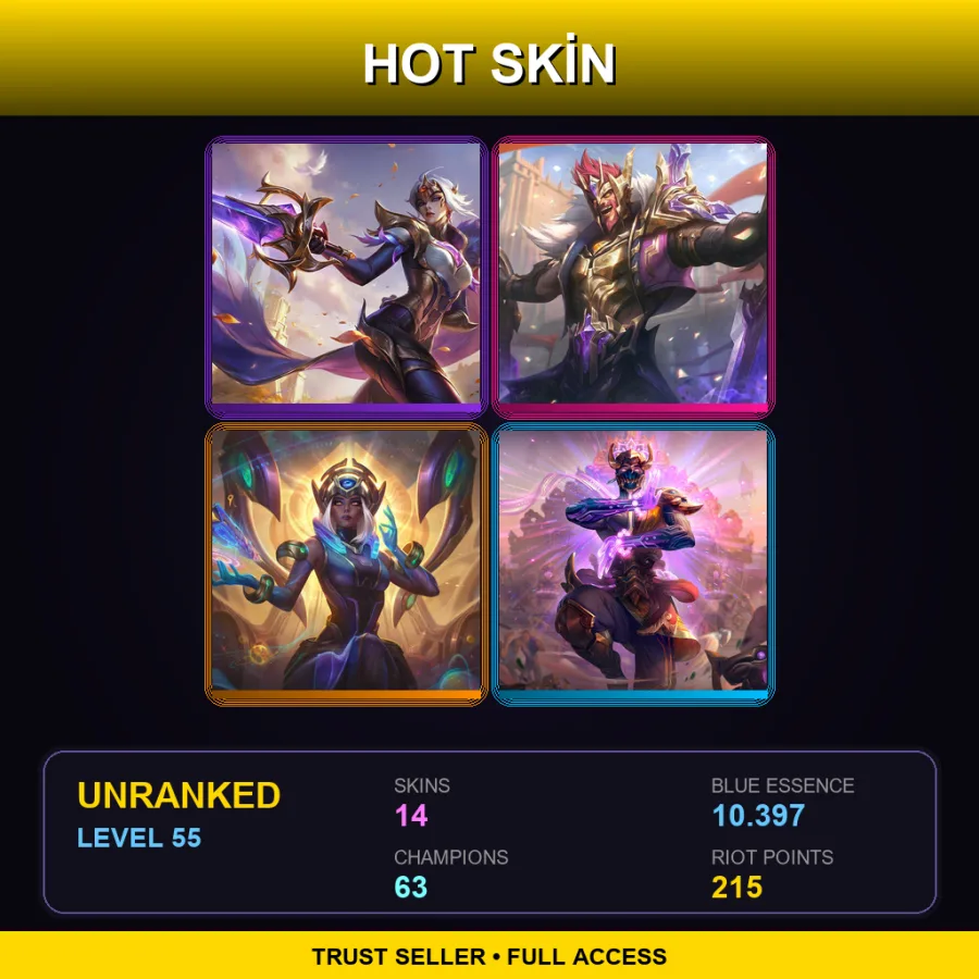 LAS | Lv55 | Unranked | 14 Skin | 63 Champ — Three Honors Akshan