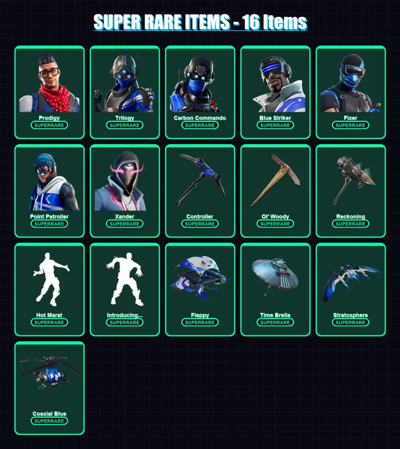 [PC/XBOX/PSN] | Prodigy | Trilogy | Carbon Commando | Blue Striker | Fixer | 198 skin | 210 pickaxe | 173 emote | 152 glider | Lv2108