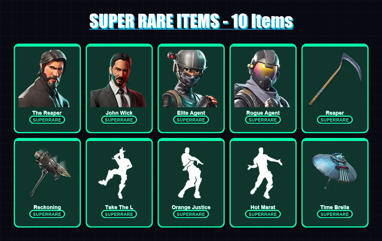 [PS4/PS5/XBOX/PC] | The Reaper | John Wick | Elite Agent | Rogue Agent | Calamity | 101 skin | 125 pickaxe | 99 emote | 112 glider | Lv1905
