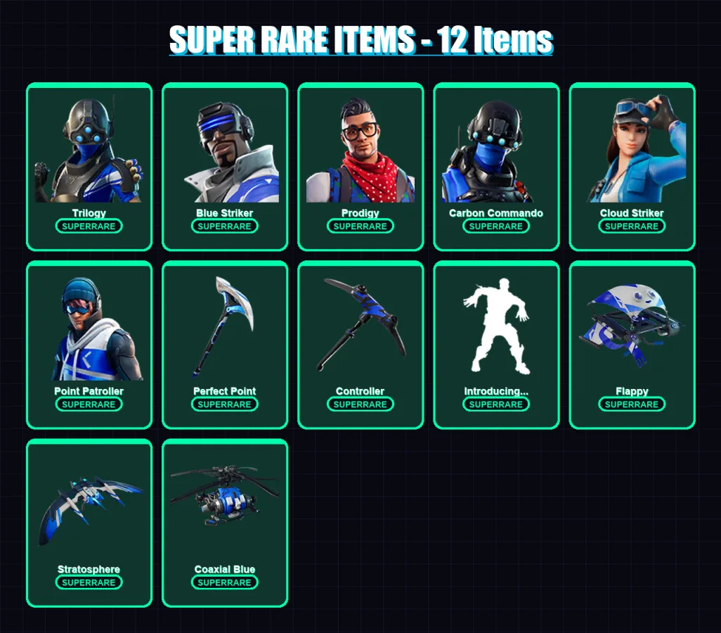 [PC/XBOX] | Trilogy | Blue Striker | Prodigy | Carbon Commando | Cloud Striker | 37 skin | 45 pickaxe | 26 emote | 40 glider | Lv517