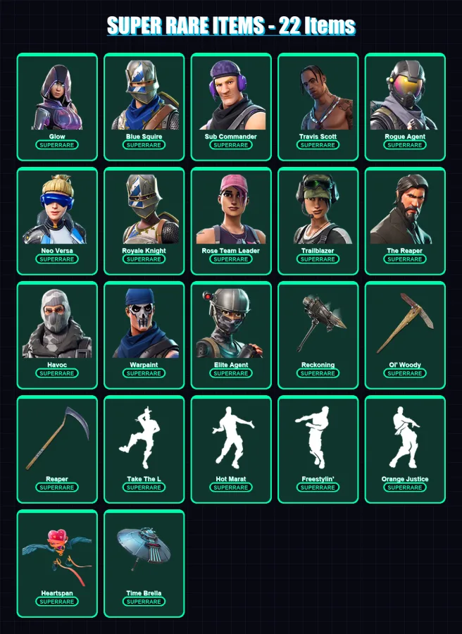 [PC/XBOX] | Glow | Blue Squire | Sub Commander | Travis Scott | Rogue Agent | 226 skin | 187 pickaxe | 150 emote | 168 glider | Lv2732