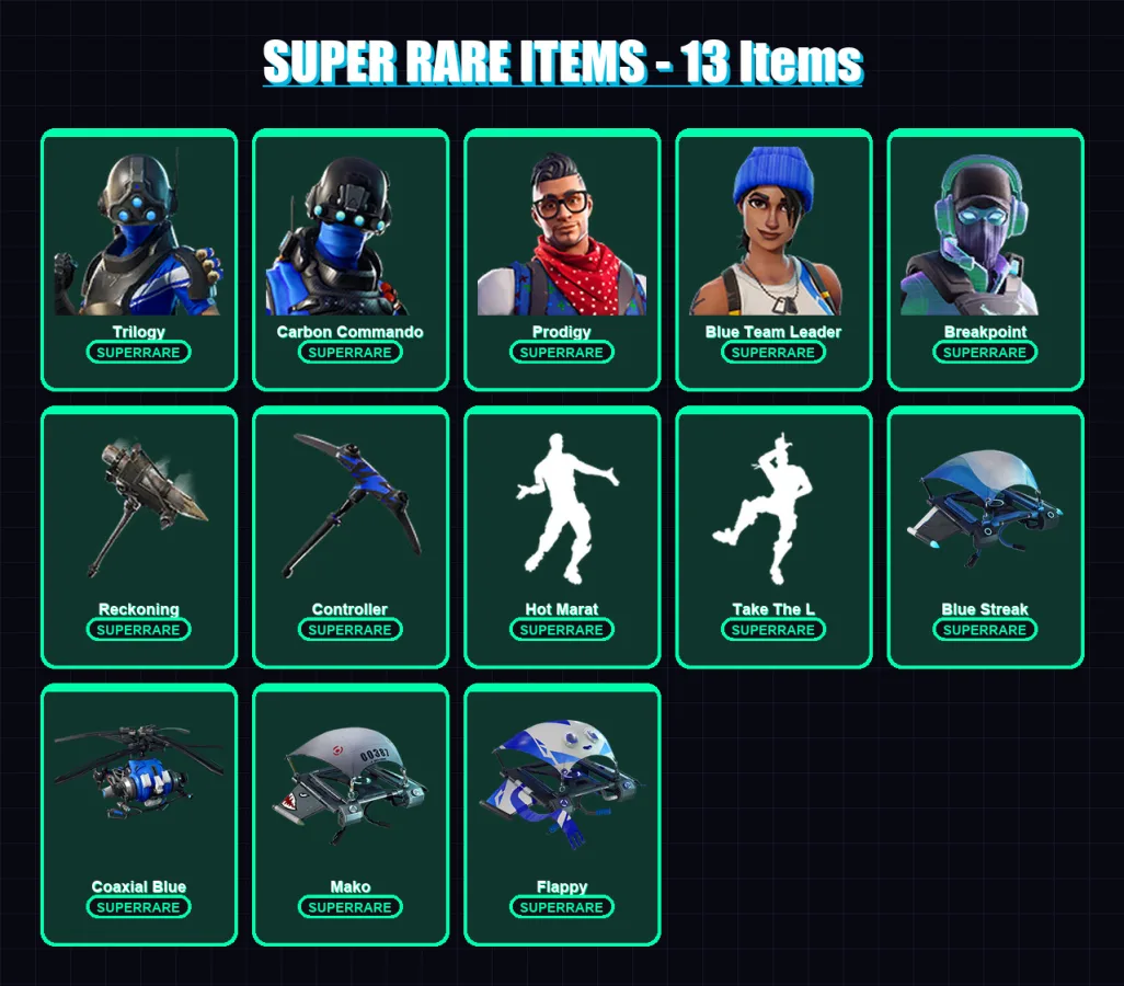 [PS4/PS5/XBOX/PC] | Trilogy | Carbon Commando | Prodigy | Blue Team Leader | Breakpoint | 56 skin | 43 pickaxe | 48 emote | 50 glider | Lv623