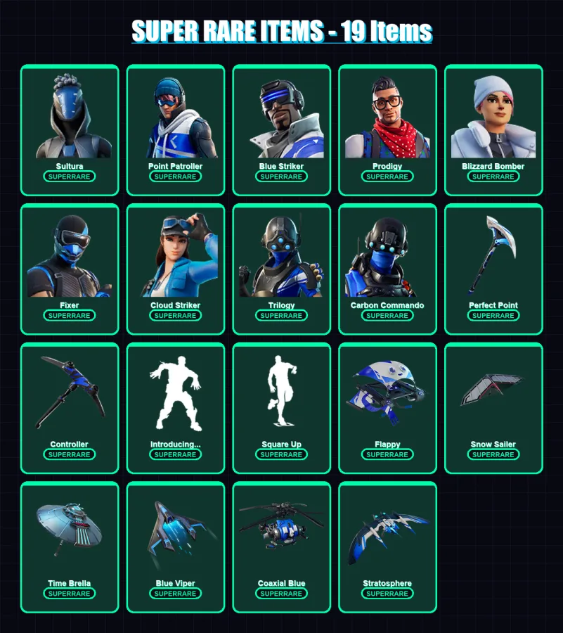 [PS4/PS5/XBOX/PC] | Sultura | Point Patroller | Blue Striker | Prodigy | Blizzard Bomber | 49 skin | 81 pickaxe | 67 emote | 75 glider | Lv1089 — Game account