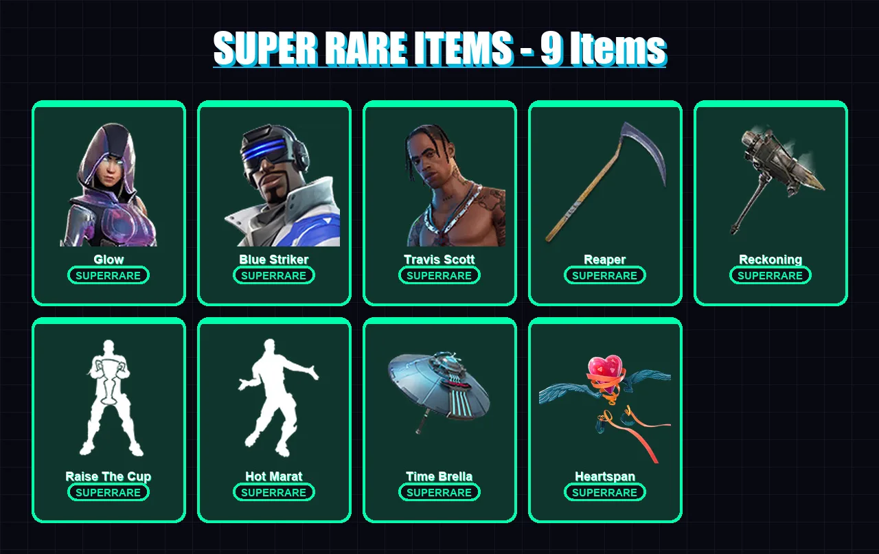 [PC/XBOX] | Glow | Blue Striker | Travis Scott | Calamity | Joltara | 136 skin | 109 pickaxe | 93 emote | 98 glider | Lv1471