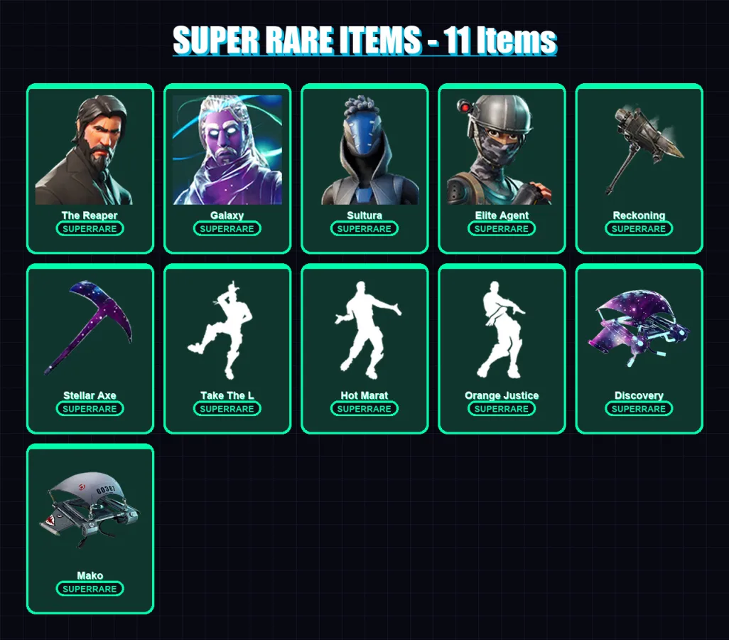 [PS4/PS5/XBOX/PC] | The Reaper | Galaxy | Sultura | Elite Agent | Blackheart | 59 skin | 51 pickaxe | 61 emote | 58 glider | Lv813