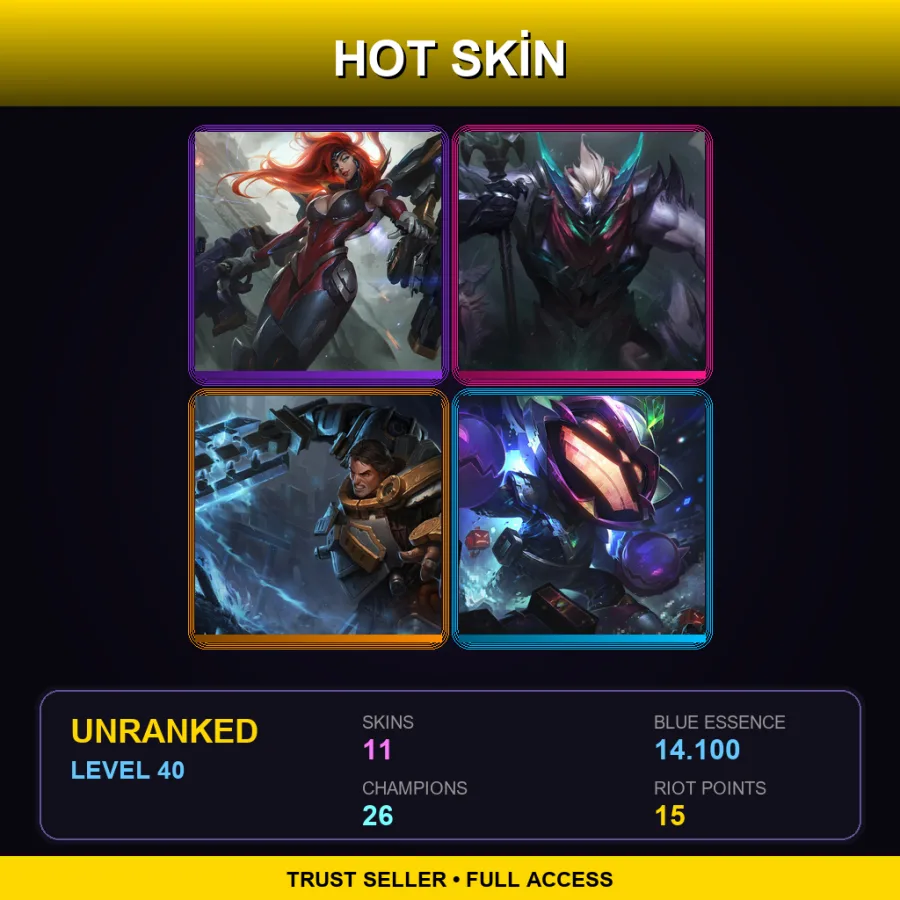 EUNE | Gun Goddess Miss Fortune | Dragon Knight Mordekaiser | Steel Legion Garen | Battle Boss Ziggs | 11 Skin | 26 Champ | Lv40