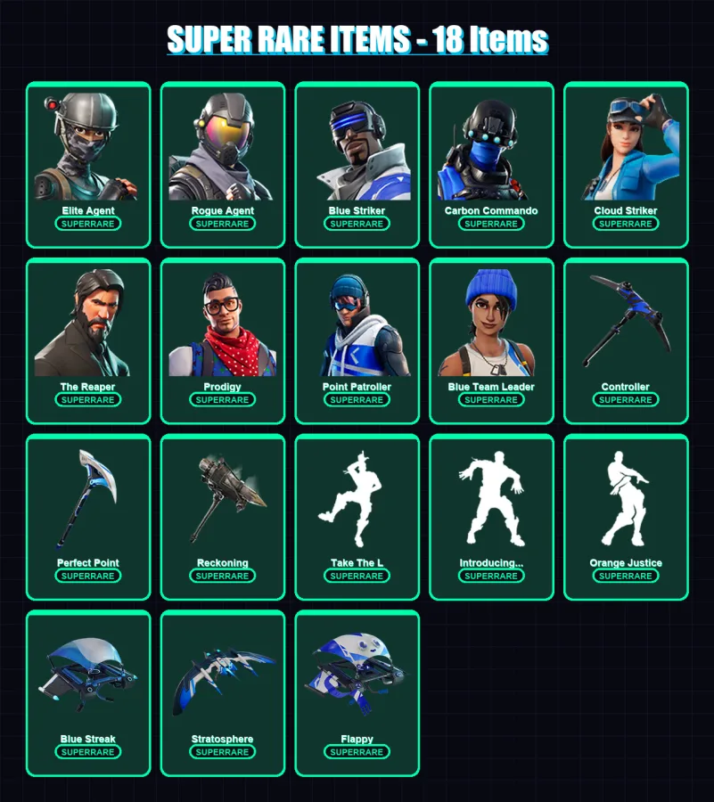 [PS4/PS5/XBOX/PC] | Elite Agent | Rogue Agent | Blue Striker | Carbon Commando | Cloud Striker | 74 skin | 60 pickaxe | 57 emote | 60 glider | Lv793