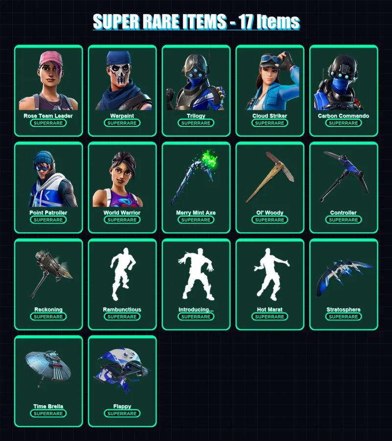 [PC/XBOX] | Rose Team Leader | Warpaint | Trilogy | Cloud Striker | Carbon Commando | 136 skin | 131 pickaxe | 141 emote | 130 glider | Lv1633