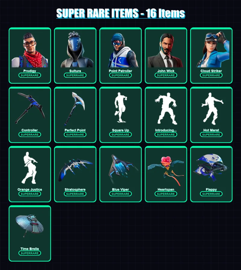 [PC/XBOX/PSN] | Prodigy | Sultura | Point Patroller | John Wick | Cloud Striker | 160 skin | 179 pickaxe | 165 emote | 161 glider | Lv2591