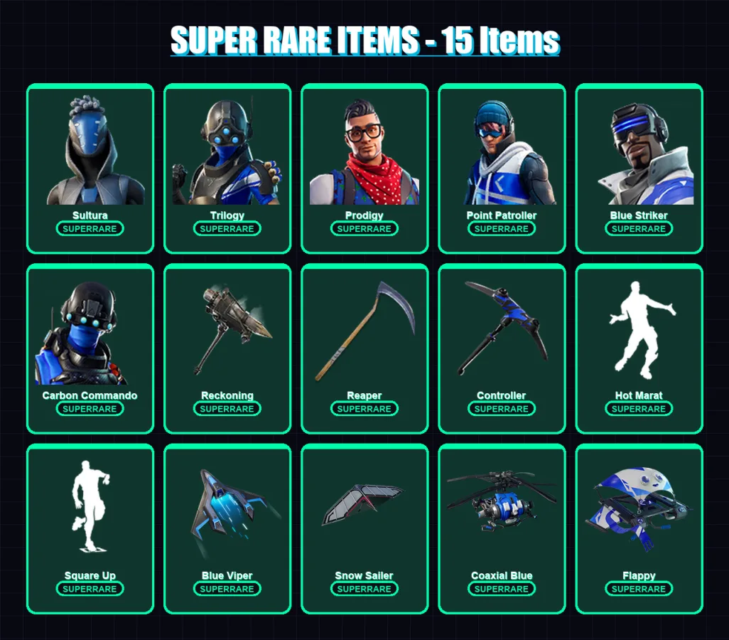 [PS4/PS5/XBOX/PC] | Sultura | Trilogy | Prodigy | Point Patroller | Blue Striker | 78 skin | 100 pickaxe | 72 emote | 79 glider | Lv1185