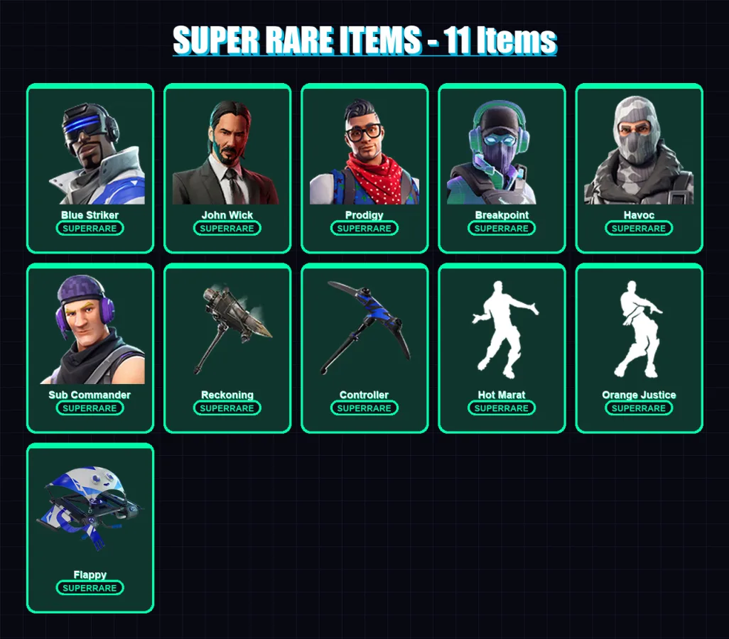 [PS4/PS5/XBOX/PC] | Blue Striker | John Wick | Prodigy | Breakpoint | Havoc | 126 skin | 103 pickaxe | 99 emote | 98 glider | Lv1501