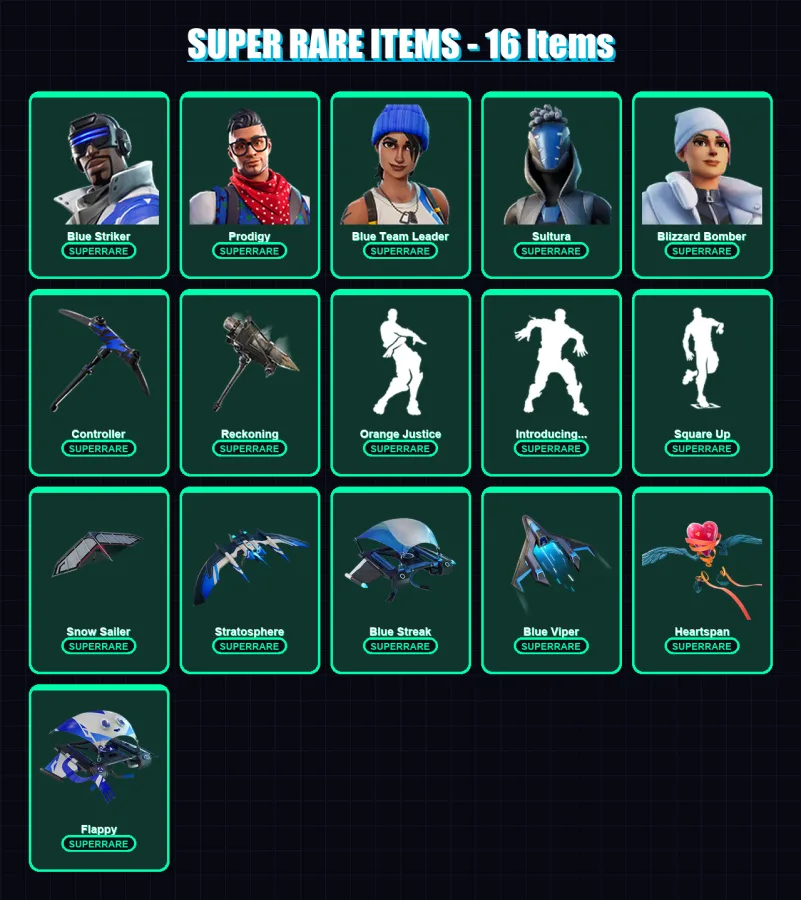 [PS4/PS5/XBOX/PC] | Blue Striker | Prodigy | Blue Team Leader | Sultura | Blizzard Bomber | 70 skin | 91 pickaxe | 79 emote | 87 glider | Lv1045
