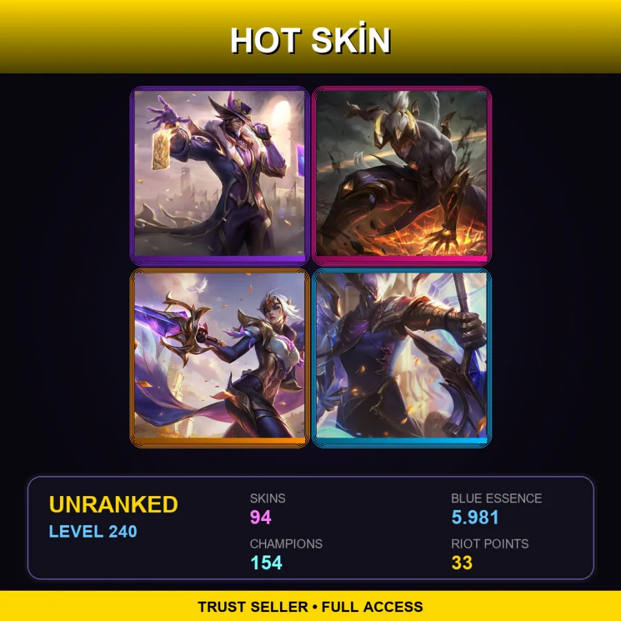 EUW | Lv240 | Unranked | 94 Skin | 154 Champ — LoL account