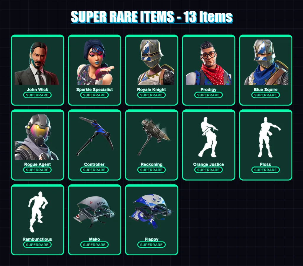 [PC/XBOX/PSN] | John Wick | Sparkle Specialist | Royale Knight | Prodigy | Blue Squire | 66 skin | 40 pickaxe | 57 emote | 50 glider | Lv518