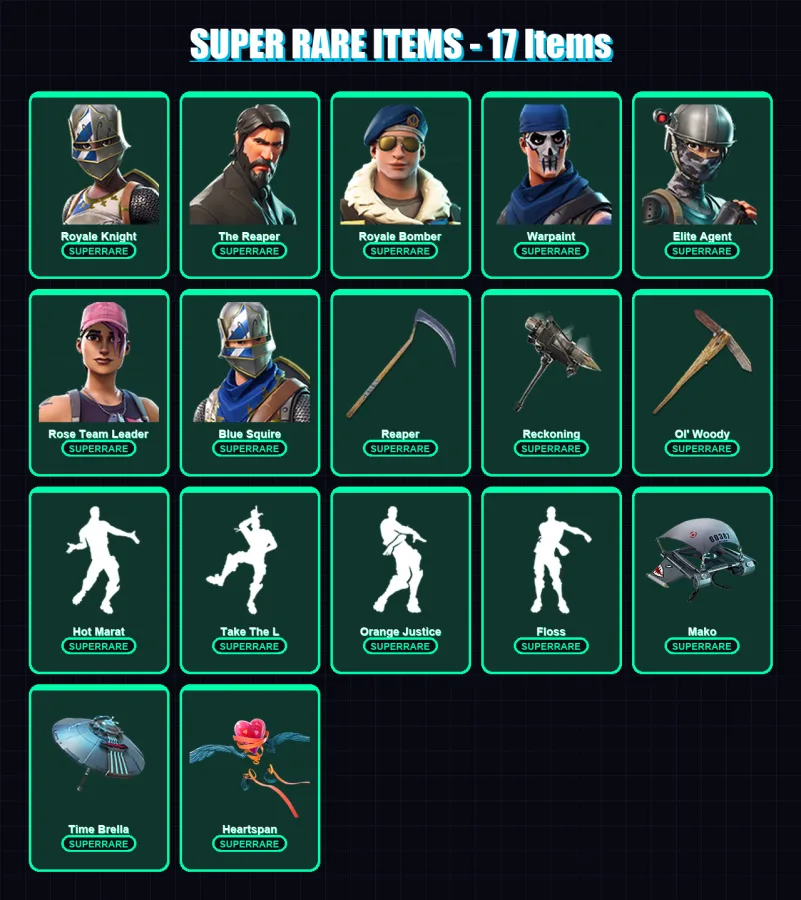 [PC/XBOX] | Royale Knight | The Reaper | Royale Bomber | Warpaint | Elite Agent | 67 skin | 65 pickaxe | 89 emote | 77 glider | Lv1229