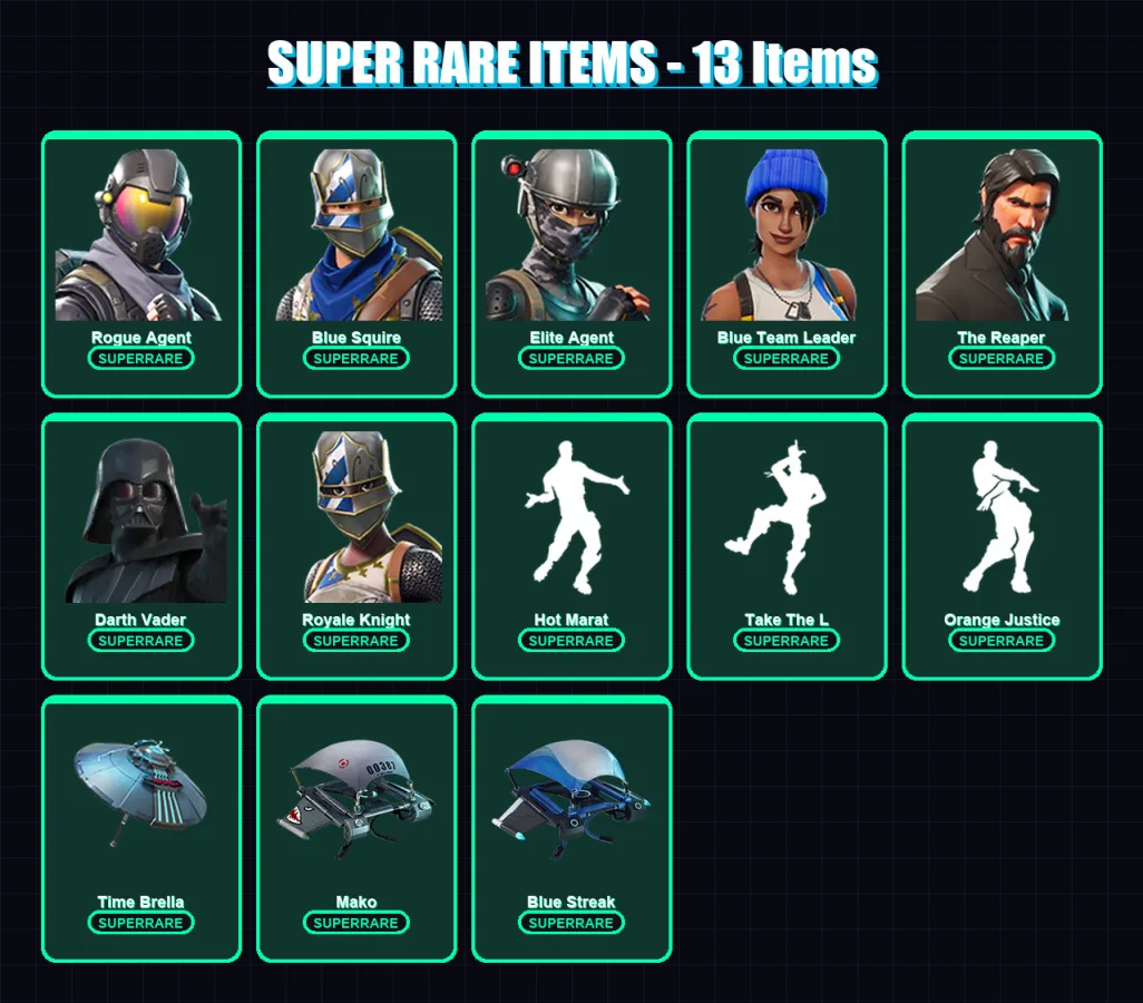 [PC/XBOX/PSN] | Rogue Agent | Blue Squire | Elite Agent | Blue Team Leader | The Reaper | 25 skin | 60 pickaxe | 51 emote | 71 glider | Lv1664
