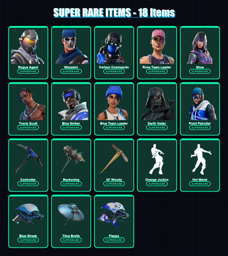 [PS4/PS5/XBOX/PC] | Rogue Agent | Warpaint | Carbon Commando | Rose Team Leader | Glow | 183 skin | 188 pickaxe | 167 emote | 186 glider | Lv3691