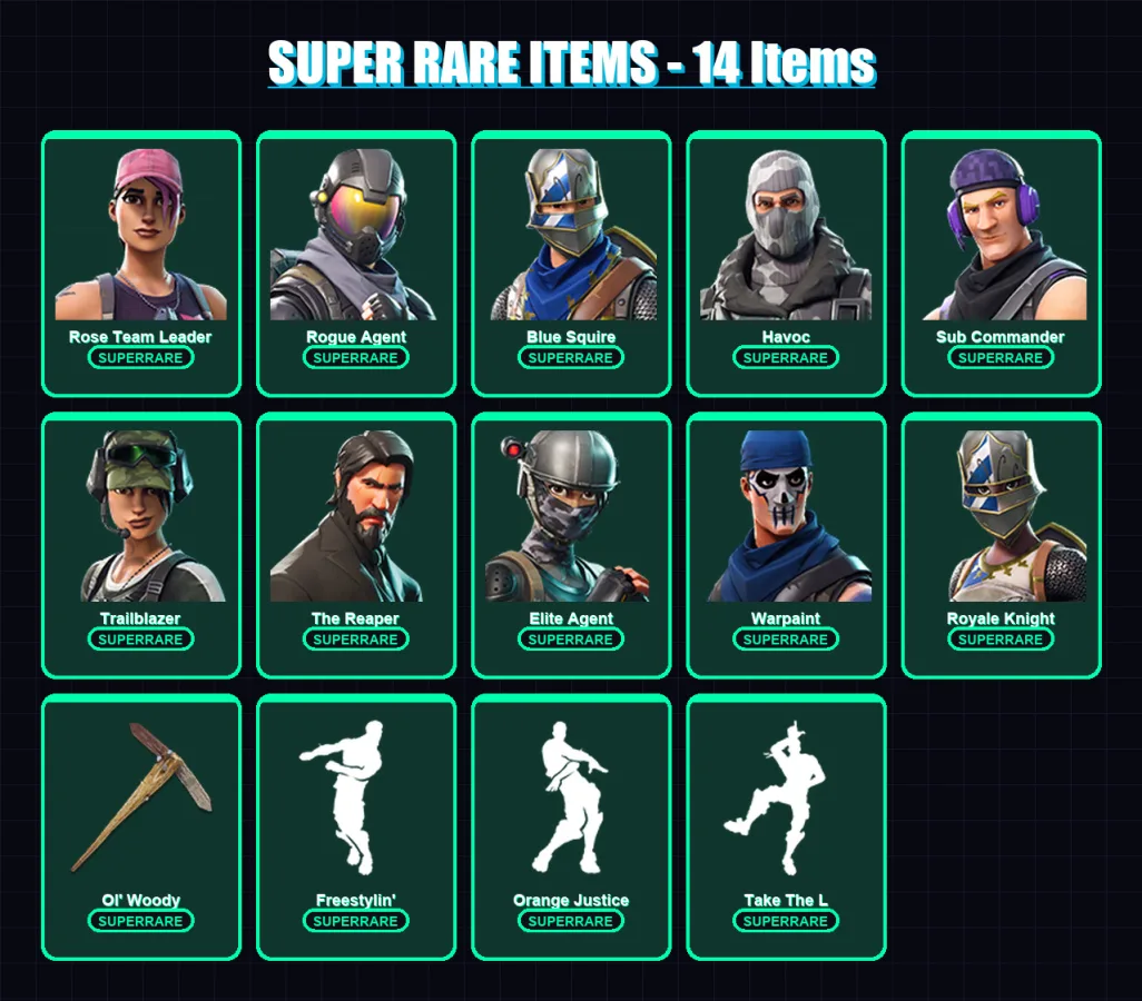 [PC/XBOX] | Rose Team Leader | Rogue Agent | Blue Squire | Havoc | Sub Commander | 53 skin | 49 pickaxe | 79 emote | 38 glider | Lv374