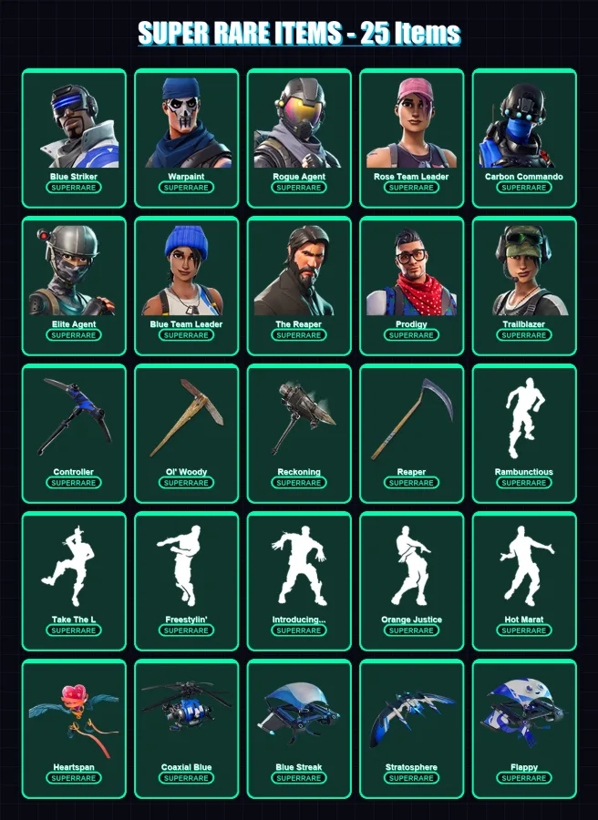 [PC/XBOX] | Blue Striker | Warpaint | Rogue Agent | Rose Team Leader | Carbon Commando | 117 skin | 75 pickaxe | 126 emote | 81 glider | Lv919