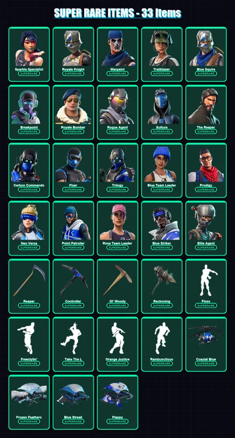[PS4/PS5/XBOX/PC] | Sparkle Specialist | Royale Knight | Warpaint | Trailblazer | Blue Squire | 154 skin | 95 pickaxe | 154 emote | 80 glider | Lv89