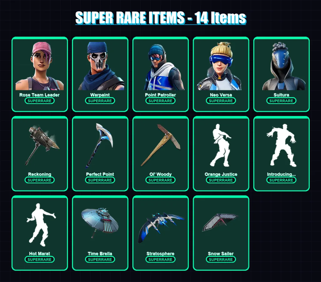 [PC] | Rose Team Leader | Warpaint | Point Patroller | Neo Versa | Sultura | 83 skin | 85 pickaxe | 87 emote | 92 glider | Lv1076