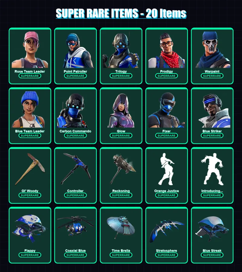 [PS4/PS5/XBOX/PC] | Rose Team Leader | Point Patroller | Trilogy | Prodigy | Warpaint | 85 skin | 71 pickaxe | 72 emote | 80 glider | Lv1172