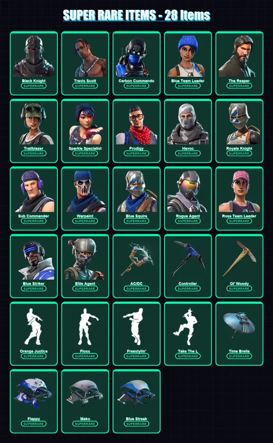 [PC/XBOX] | Black Knight | Travis Scott | Carbon Commando | Blue Team Leader | The Reaper | 50 skin | 33 pickaxe | 40 emote | 41 glider | Lv609