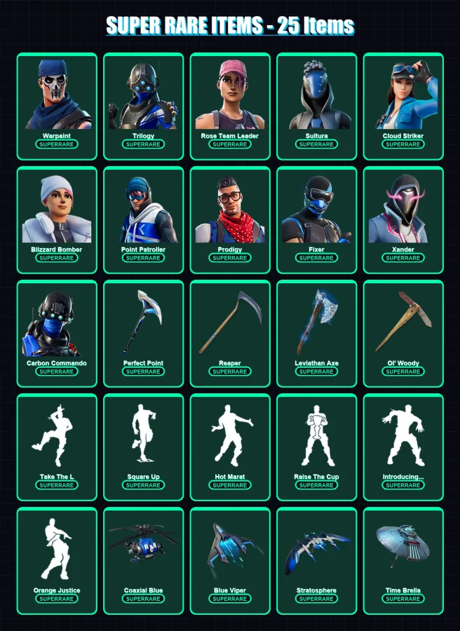 [PC/XBOX] | Warpaint | Trilogy | Rose Team Leader | Sultura | Cloud Striker | 283 skin | 290 pickaxe | 214 emote | 207 glider | Lv3342