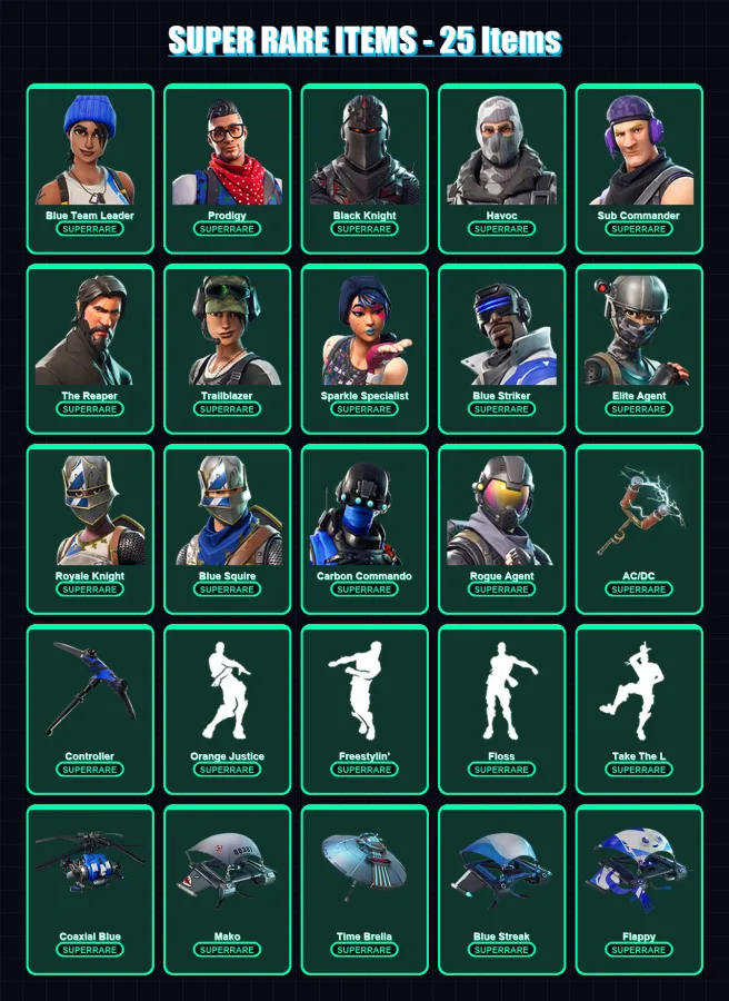 [PS4/PS5/XBOX/PC] | Blue Team Leader | Prodigy | Black Knight | Havoc | Sub Commander | 34 skin | 21 pickaxe | 32 emote | 30 glider | Lv424