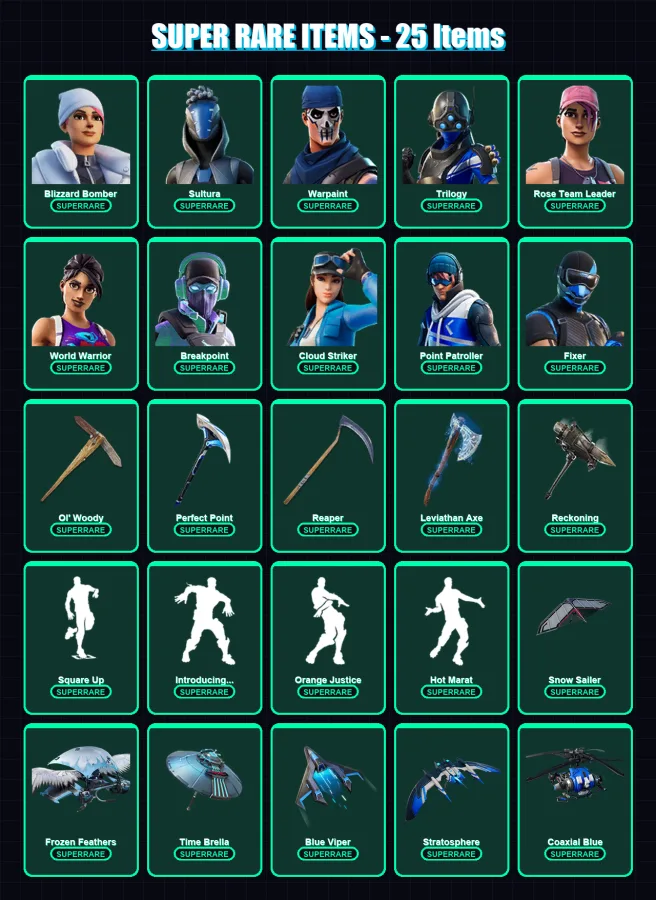 [PS4/PS5/XBOX/PC] | Blizzard Bomber | Sultura | Warpaint | Trilogy | Rose Team Leader | 148 skin | 168 pickaxe | 132 emote | 146 glider | Lv2059