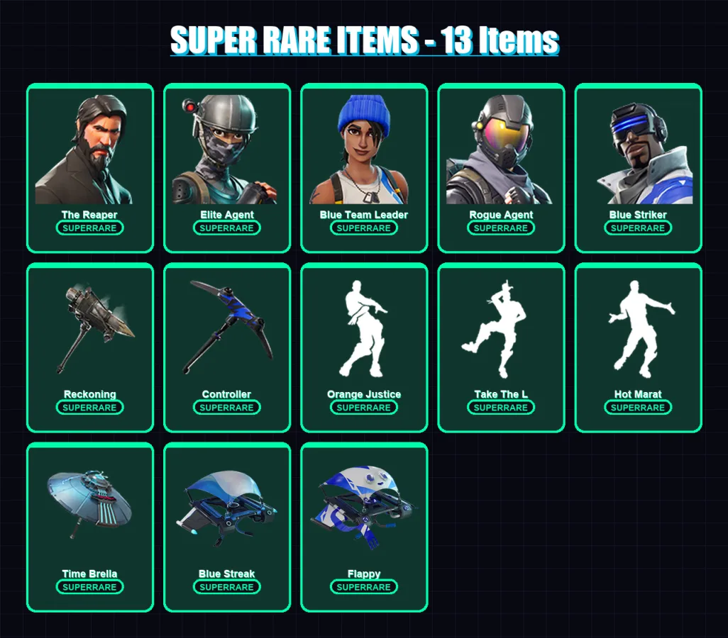 [PC] | The Reaper | Elite Agent | Blue Team Leader | Rogue Agent | Blue Striker | 43 skin | 38 pickaxe | 48 emote | 43 glider | Lv634 — Fortnite account