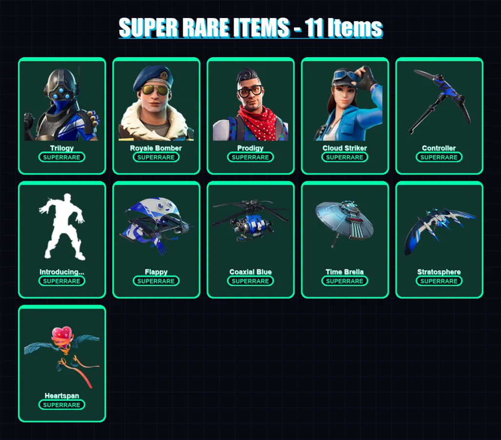 [PC/XBOX] | Trilogy | Royale Bomber | Prodigy | Cloud Striker | Menace | 75 skin | 88 pickaxe | 88 emote | 99 glider | Lv1447