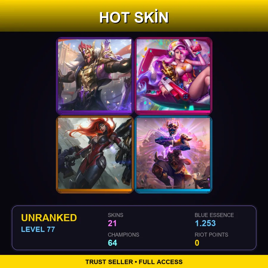 LAN | Lv77 | Unranked | 21 Skin | 64 Champ — Three Honors Akshan