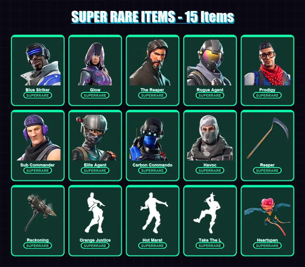 [PC] | Blue Striker | Glow | The Reaper | Rogue Agent | Prodigy | 183 skin | 186 pickaxe | 169 emote | 173 glider | Lv3092 — Fortnite account