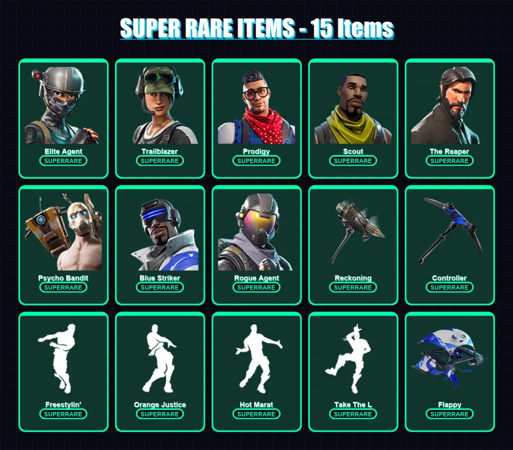 [PS4/PS5/XBOX/PC] | Elite Agent | Trailblazer | Prodigy | Scout | The Reaper | 103 skin | 60 pickaxe | 96 emote | 65 glider | Lv1026