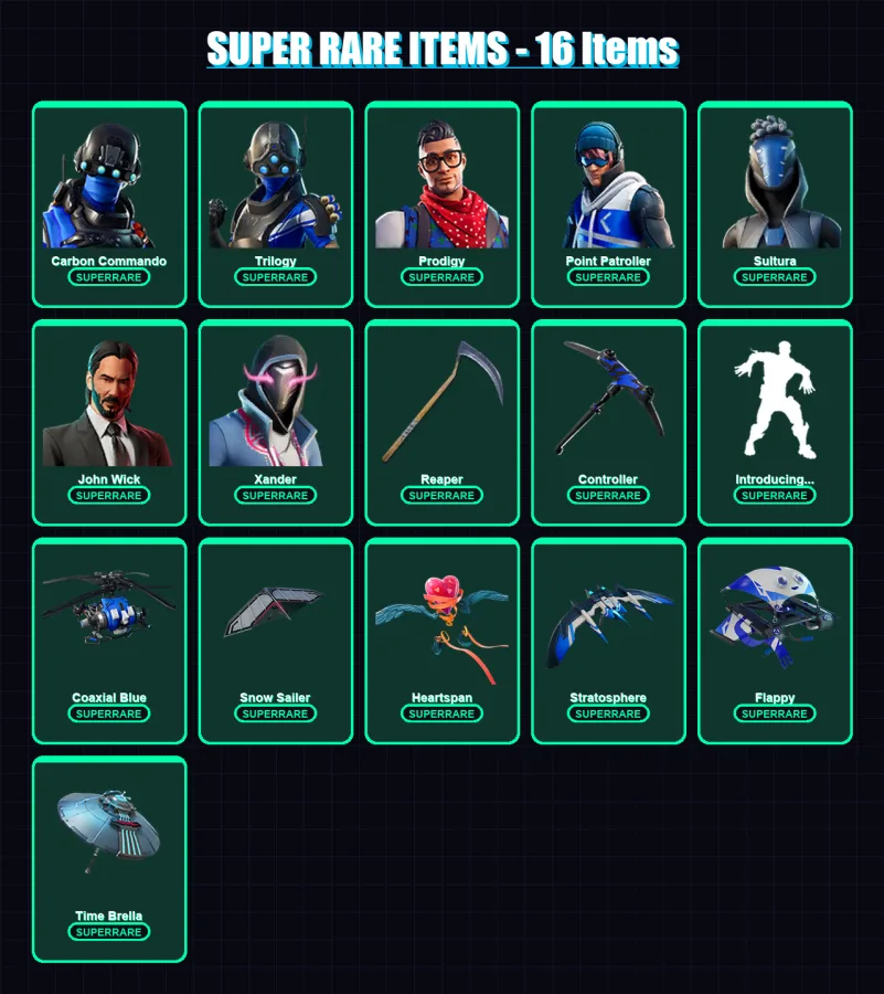 [PS4/PS5/XBOX/PC] | Carbon Commando | Trilogy | Prodigy | Point Patroller | Sultura | 64 skin | 80 pickaxe | 97 emote | 79 glider | Lv1539