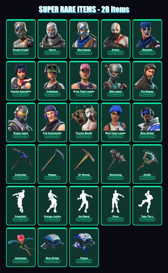 [PS4/PS5/XBOX/PC] | Royale Knight | Havoc | Blue Squire | Kratos | Warpaint | 73 skin | 58 pickaxe | 71 emote | 57 glider | Lv618