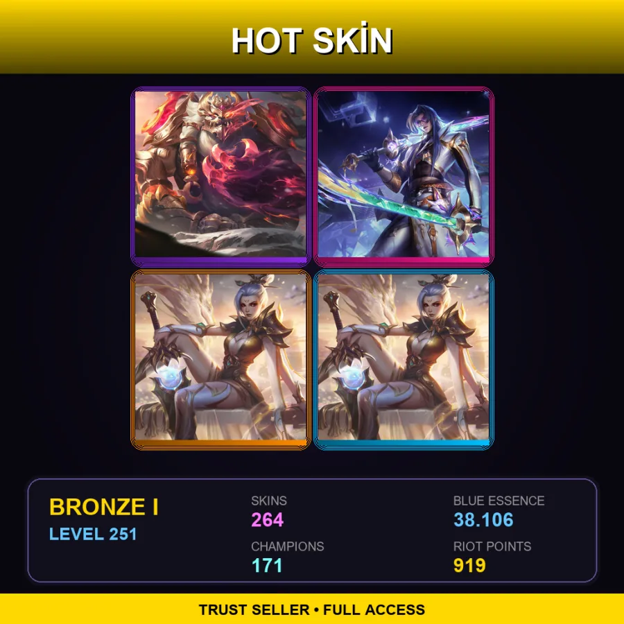 SG | Prestige Duality Dragon Volibear | Prestige HEARTSTEEL Yone | Prestige Valiant Sword Riven (2022) | 264 Skin | 171 Champ | Bronze I | Lv251