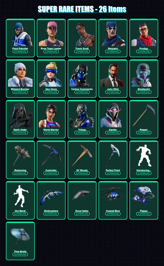 [PC] | Point Patroller | Rose Team Leader | Travis Scott | Warpaint | Prodigy | 172 skin | 148 pickaxe | 177 emote | 130 glider | Lv1572