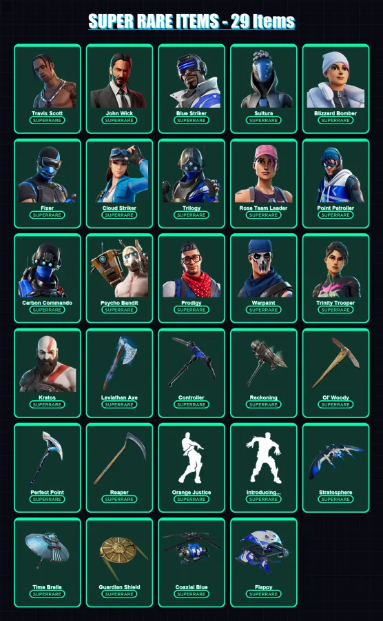 [PC] | Travis Scott | John Wick | Blue Striker | Sultura | Blizzard Bomber | 523 skin | 429 pickaxe | 342 emote | 255 glider | Lv4034