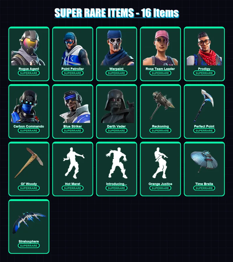 [PS4/PS5/XBOX/PC] | Rogue Agent | Point Patroller | Warpaint | Rose Team Leader | Prodigy | 143 skin | 204 pickaxe | 167 emote | 186 glider | Lv3696