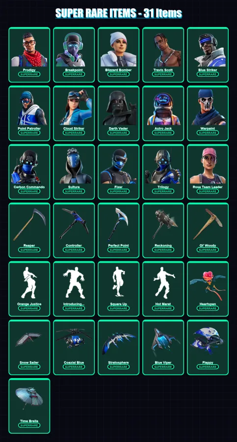 [PS4/PS5/XBOX/PC] | Prodigy | Breakpoint | Blizzard Bomber | Travis Scott | Blue Striker | 505 skin | 443 pickaxe | 417 emote | 302 glider | Lv3898