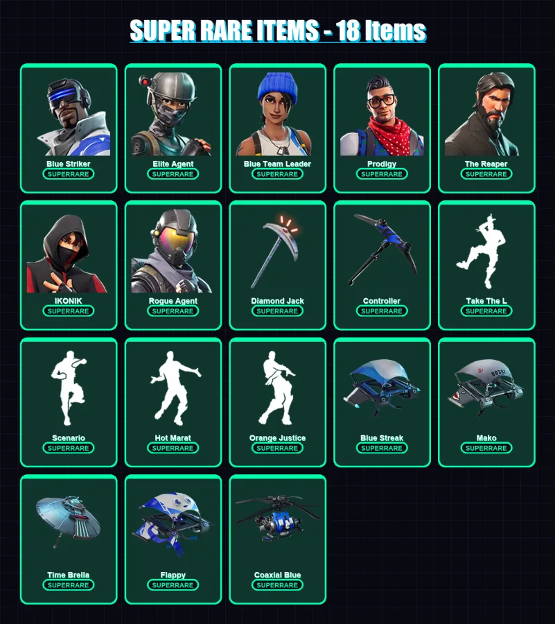 [PC/XBOX] | Blue Striker | Elite Agent | Blue Team Leader | Prodigy | The Reaper | 43 skin | 40 pickaxe | 87 emote | 52 glider | Lv1012