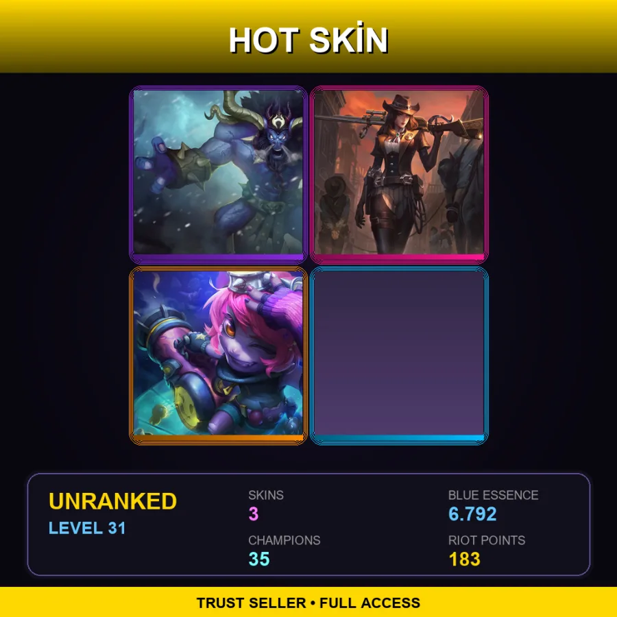 EUW | Unchained Alistar | Sheriff Caitlyn | Riot Girl Tristana | 3 Skin | 35 Champ | Lv31