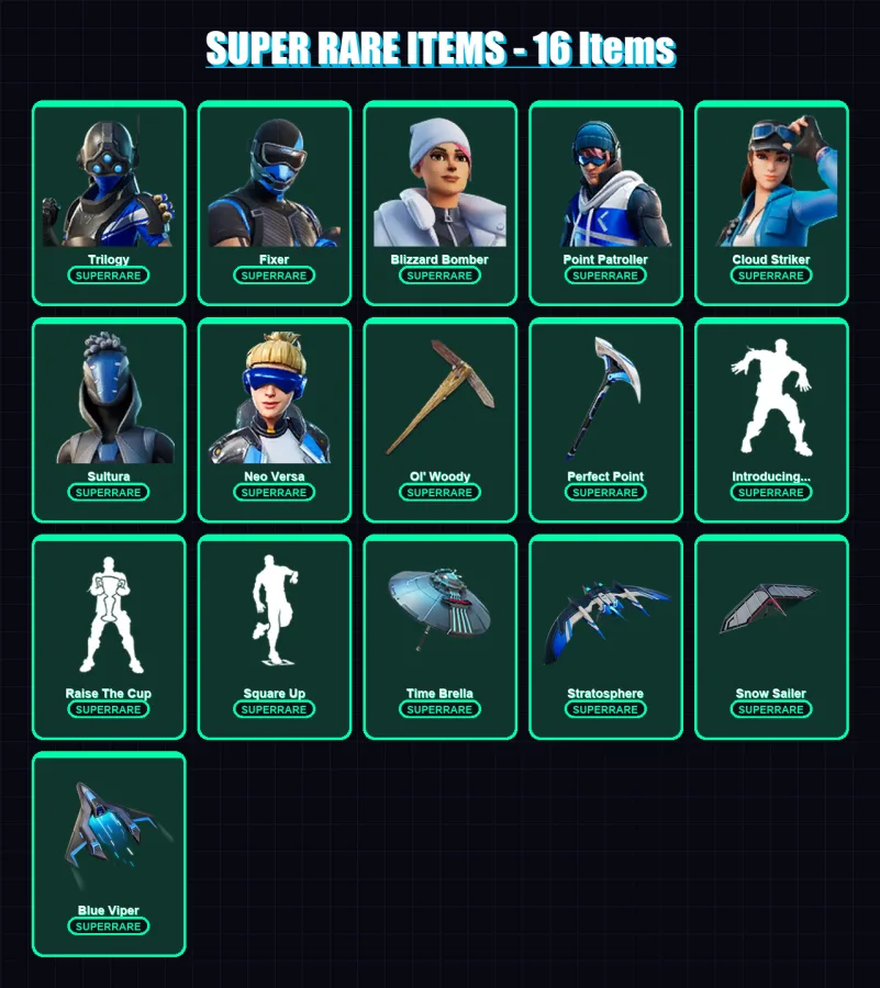 [PS4/PS5/XBOX/PC] | Trilogy | Fixer | Blizzard Bomber | Point Patroller | Cloud Striker | 175 skin | 190 pickaxe | 169 emote | 150 glider | Lv2148