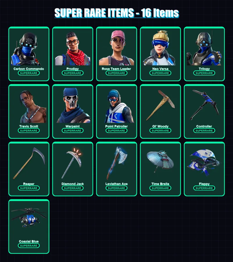 [PC] | Carbon Commando | Prodigy | Rose Team Leader | Neo Versa | Trilogy | 153 skin | 128 pickaxe | 114 emote | 117 glider | Lv1816 — Fortnite account