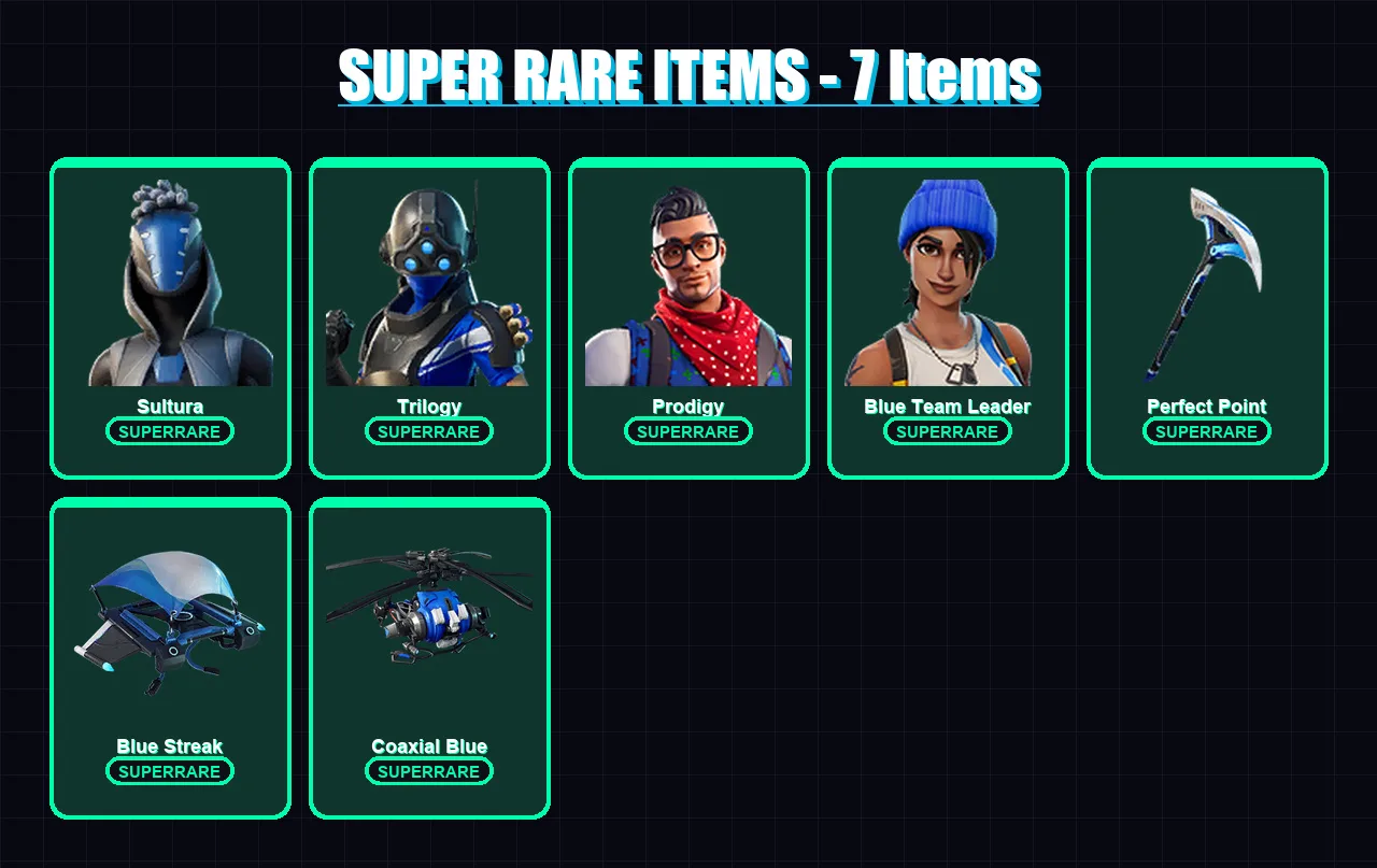 [PS4/PS5/XBOX/PC] | Sultura | Trilogy | Prodigy | Blue Team Leader | Kingsley | 6 skin | 11 pickaxe | 4 emote | 9 glider | Lv185
